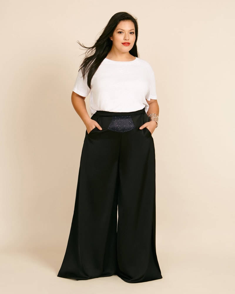 Front of a model wearing a size UK 18 Galaxy Trousers in Black by MIMINE AG. | dia_product_style_image_id:219108